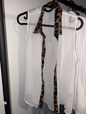 edge White Blouse with Leopard-Print Trim